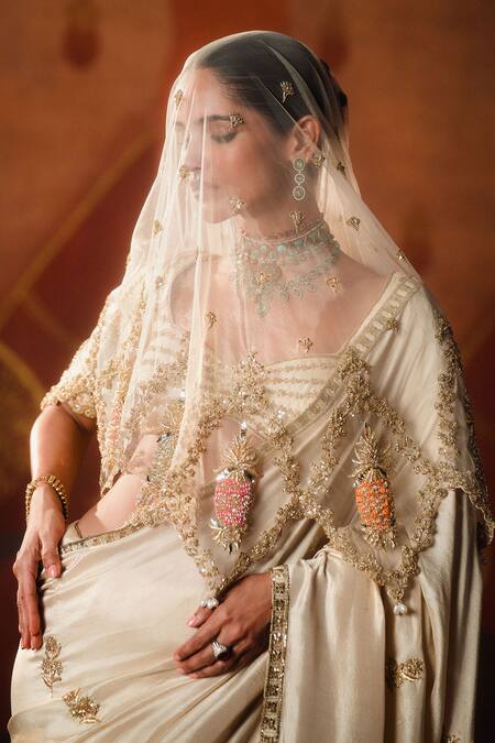 Buy_Masaba_Beige Silk, Tulle Embroidery, The Bombay Barfi Saree Set With Veil And Dupatta _Online_at_Aza_Fashions