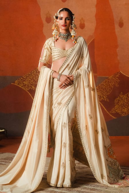 Shop_Masaba_Beige Silk, Tulle Embroidery, The Bombay Barfi Saree Set With Veil And Dupatta _Online_at_Aza_Fashions