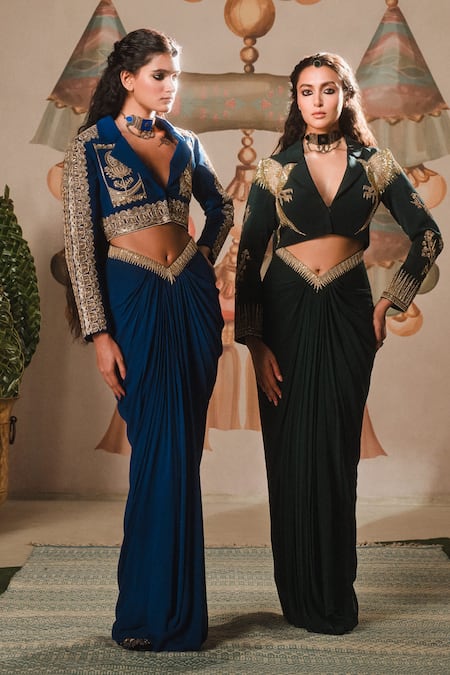 Shop Masaba Blue Linen, Georgette Embroidery The Saanjh Baug Blazer Skirt Set at Aza Fashions Shop_Masaba_Blue Linen, Georgette Embroidery The Saanjh Baug Blazer Skirt Set _at_Aza_Fashions