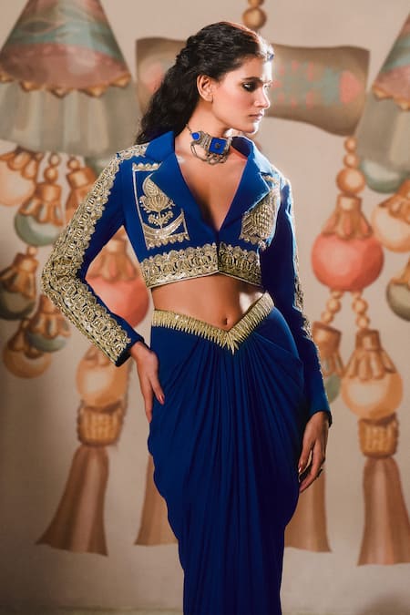 Masaba Blue Linen, Georgette Embroidery The Saanjh Baug Blazer Skirt Set Online at Aza Fashions Masaba_Blue Linen, Georgette Embroidery The Saanjh Baug Blazer Skirt Set _Online_at_Aza_Fashions