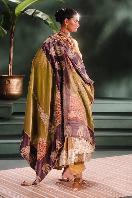 Shop_Masaba_Gold Crepe, Georgette, Tissue Beads, The Son Barfi Anarkali And Salwar Set _at_Aza_Fashions