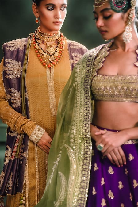 Masaba_Gold Crepe, Georgette, Tissue Beads, The Son Barfi Anarkali And Salwar Set _Online_at_Aza_Fashions