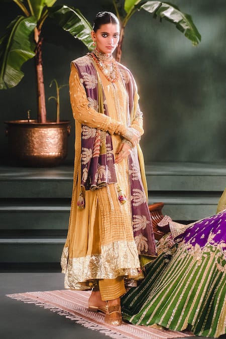 Buy_Masaba_Gold Crepe, Georgette, Tissue Beads, The Son Barfi Anarkali And Salwar Set _Online_at_Aza_Fashions