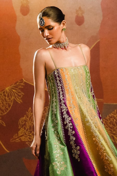 Shop_Masaba_Multi Color Silk Sequins, Embroidery Square The Paan Pista Anarkali With Salwar _at_Aza_Fashions