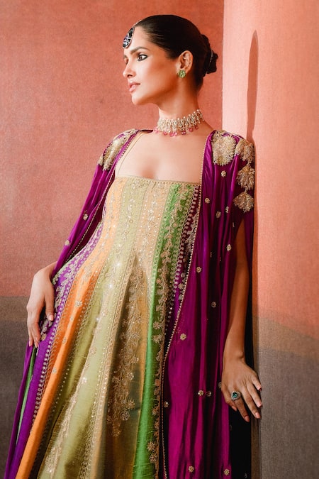 Shop Masaba Multi Color Silk, Viscose, Organza The Paan Pista Anarkali Shrug Set at Aza Fashions Shop_Masaba_Multi Color Silk, Viscose, Organza The Paan Pista Anarkali Shrug Set _at_Aza_Fashions