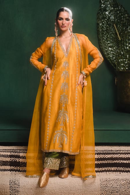 Masaba Yellow Kurta Dupion Silk Embroidery Amaltas Jacket The Aam Panna Pant Set 