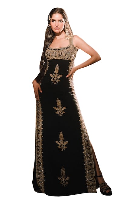 Masaba_Black Sequins, Embroidery Square Neck The Anjeer Pak Gown _Online_at_Aza_Fashions