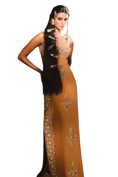 Masaba_Brown Modal Embroidery, Sequins Square Neck The Mishti Doi Gown _Online_at_Aza_Fashions