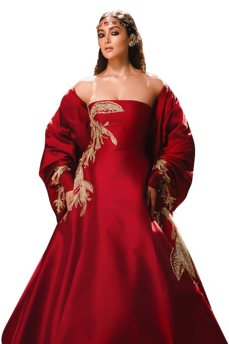 Masaba Red Silk Embroidery Off-shoulder The Paan Pasand Gown Online at Aza Fashions Masaba_Red Silk Embroidery Off-shoulder The Paan Pasand Gown _Online_at_Aza_Fashions