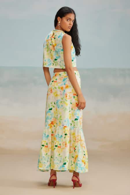 Shop The Iaso White Cotton, Modal Drew Floral Paint Skirt at Aza Fashions Shop_The Iaso_White Cotton, Modal Drew Floral Paint Skirt _at_Aza_Fashions