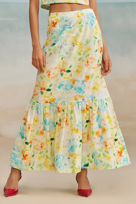 The Iaso White Cotton, Modal Drew Floral Paint Skirt Online at Aza Fashions The Iaso_White Cotton, Modal Drew Floral Paint Skirt _Online_at_Aza_Fashions