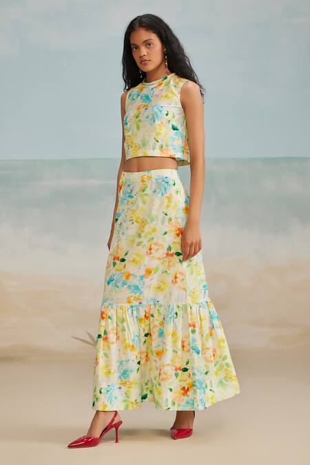 Shop The Iaso White Cotton, Modal Drew Floral Paint Skirt Online at Aza Fashions Shop_The Iaso_White Cotton, Modal Drew Floral Paint Skirt _Online_at_Aza_Fashions
