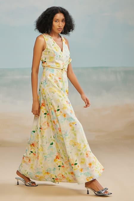 Shop The Iaso White Cotton, Modal V-neck Drew Floral Paint Maxi Dress at Aza Fashions Shop_The Iaso_White Cotton, Modal V-neck Drew Floral Paint Maxi Dress _at_Aza_Fashions