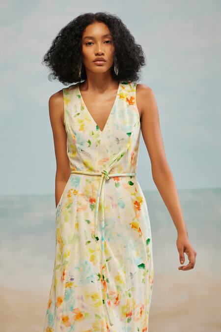 The Iaso White Cotton, Modal V-neck Drew Floral Paint Maxi Dress Online at Aza Fashions The Iaso_White Cotton, Modal V-neck Drew Floral Paint Maxi Dress _Online_at_Aza_Fashions