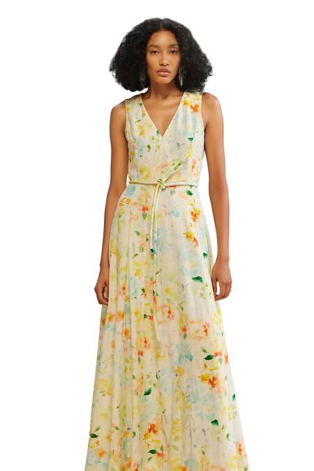 Buy The Iaso White Cotton, Modal V-neck Drew Floral Paint Maxi Dress Online at Aza Fashions Buy_The Iaso_White Cotton, Modal V-neck Drew Floral Paint Maxi Dress _Online_at_Aza_Fashions