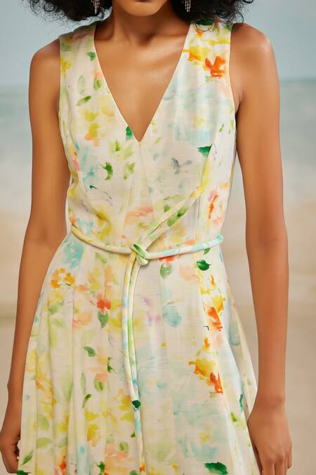 Shop The Iaso White Cotton, Modal V-neck Drew Floral Paint Maxi Dress Online at Aza Fashions Shop_The Iaso_White Cotton, Modal V-neck Drew Floral Paint Maxi Dress _Online_at_Aza_Fashions