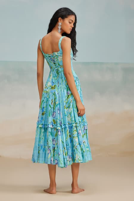 Shop The Iaso Blue Modal, Jacquard Sweetheart Neck Ines Floral Print Midi Dress at Aza Fashions Shop_The Iaso_Blue Modal, Jacquard Sweetheart Neck Ines Floral Print Midi Dress _at_Aza_Fashions