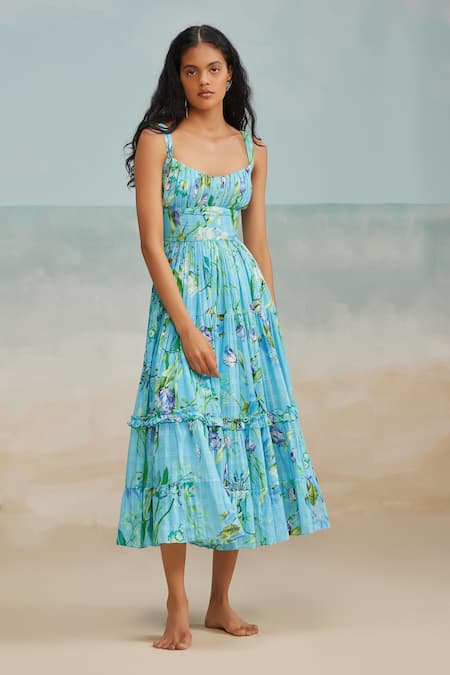 The Iaso Blue Modal, Jacquard Sweetheart Neck Ines Floral Print Midi Dress Online at Aza Fashions The Iaso_Blue Modal, Jacquard Sweetheart Neck Ines Floral Print Midi Dress _Online_at_Aza_Fashions