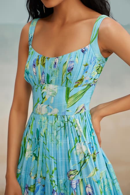 Buy The Iaso Blue Modal, Jacquard Sweetheart Neck Ines Floral Print Midi Dress Online at Aza Fashions Buy_The Iaso_Blue Modal, Jacquard Sweetheart Neck Ines Floral Print Midi Dress _Online_at_Aza_Fashions