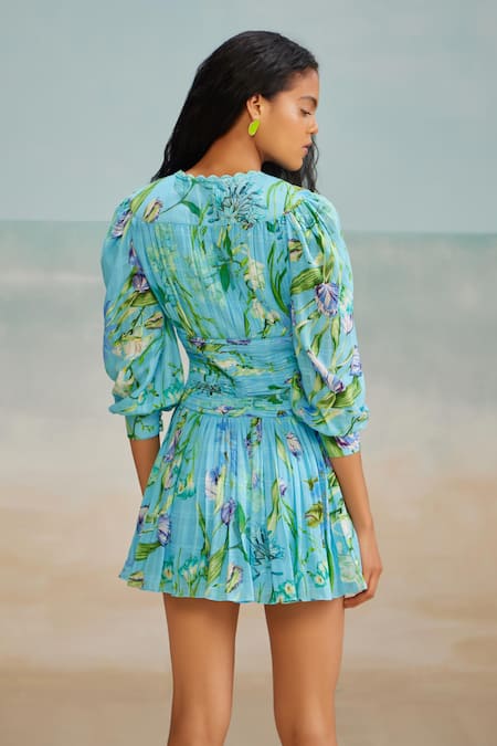 Shop The Iaso Blue Modal, Jacquard V-neck Ines Floral Print Mini Dress at Aza Fashions Shop_The Iaso_Blue Modal, Jacquard V-neck Ines Floral Print Mini Dress _at_Aza_Fashions