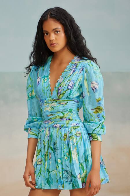 The Iaso Blue Modal, Jacquard V-neck Ines Floral Print Mini Dress Online at Aza Fashions The Iaso_Blue Modal, Jacquard V-neck Ines Floral Print Mini Dress _Online_at_Aza_Fashions