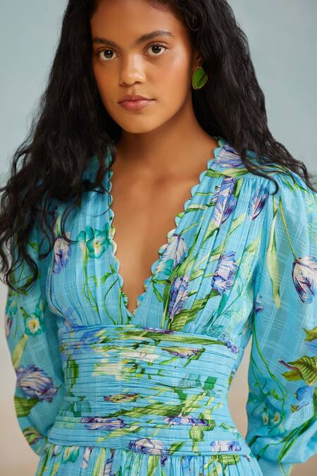 Buy The Iaso Blue Modal, Jacquard V-neck Ines Floral Print Mini Dress Online at Aza Fashions Buy_The Iaso_Blue Modal, Jacquard V-neck Ines Floral Print Mini Dress _Online_at_Aza_Fashions
