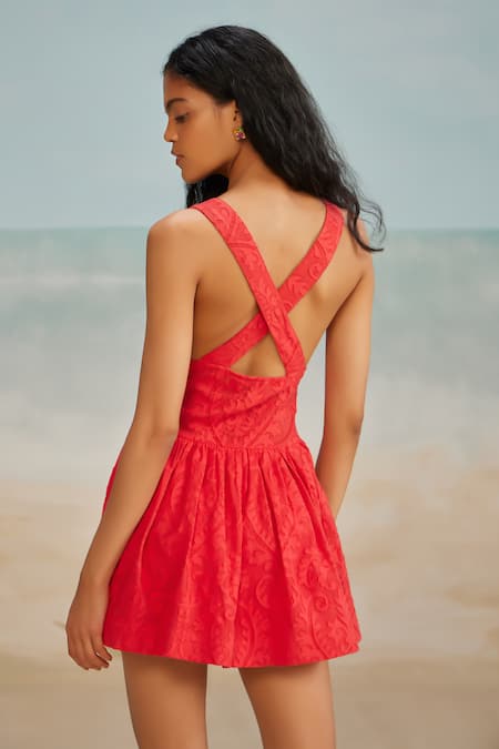 Shop The Iaso Red Modal, Jacquard Plunge Neck Evie Mesh Dress at Aza Fashions Shop_The Iaso_Red Modal, Jacquard Plunge Neck Evie Mesh Dress _at_Aza_Fashions