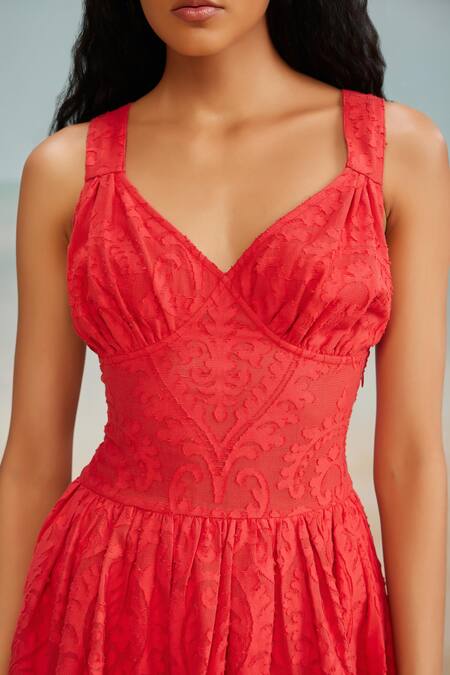 The Iaso Red Modal, Jacquard Plunge Neck Evie Mesh Dress Online at Aza Fashions The Iaso_Red Modal, Jacquard Plunge Neck Evie Mesh Dress _Online_at_Aza_Fashions