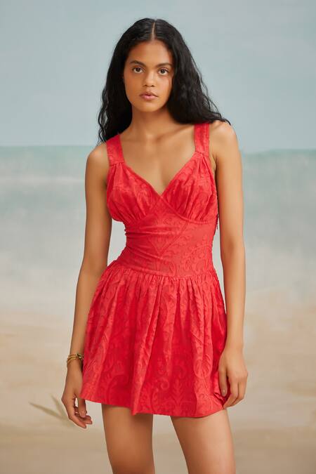 Buy The Iaso Red Modal, Jacquard Plunge Neck Evie Mesh Dress Online at Aza Fashions Buy_The Iaso_Red Modal, Jacquard Plunge Neck Evie Mesh Dress _Online_at_Aza_Fashions