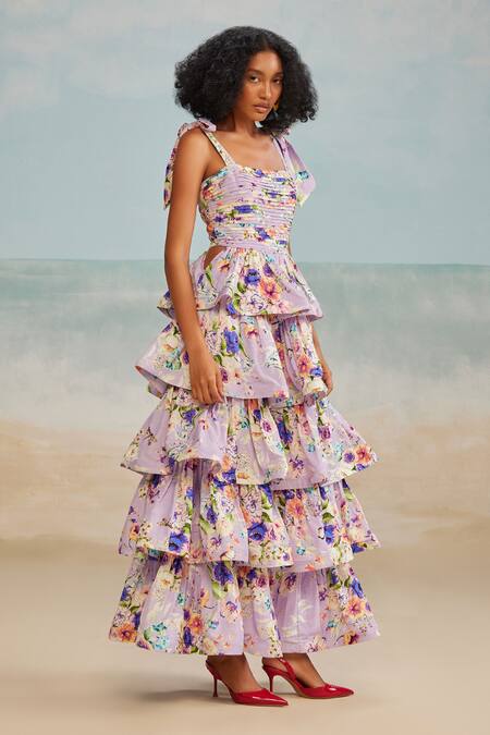 The Iaso_Purple Cotton, Modal Square Neck Strappy Shoulder Layered Dress _Online_at_Aza_Fashions