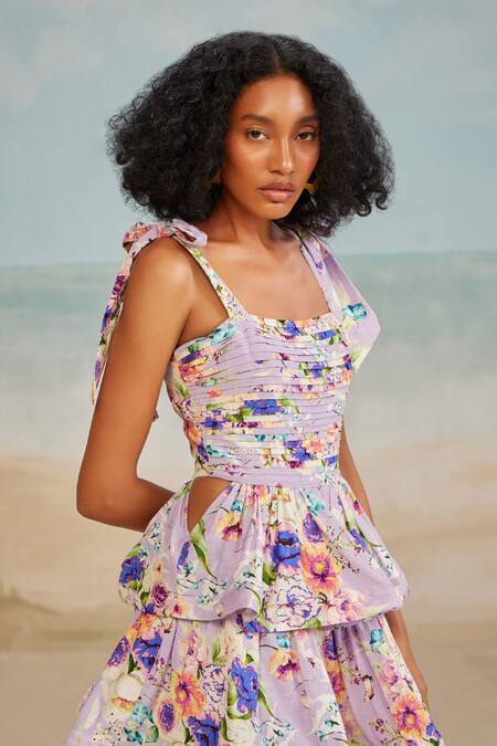 Buy_The Iaso_Purple Cotton, Modal Square Neck Strappy Shoulder Layered Dress _Online_at_Aza_Fashions