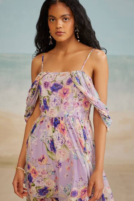 Buy_The Iaso_Purple Chiffon, Modal Square Neck Cold Shoulder Printed Dress _Online_at_Aza_Fashions