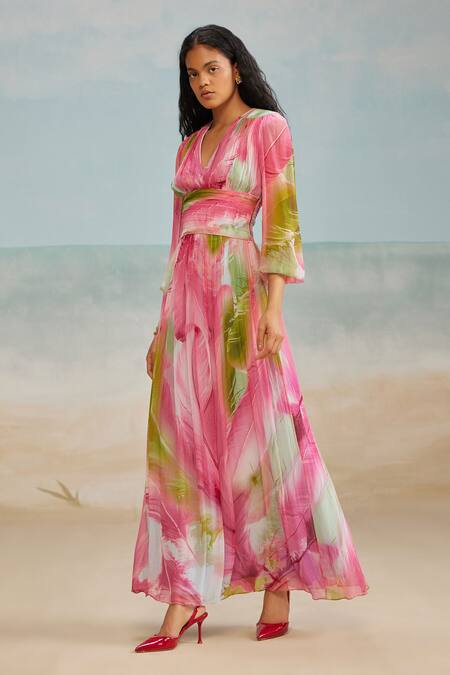 The Iaso_Multi Color Chiffon, Modal V-neck Lolly Printed Dress _Online_at_Aza_Fashions