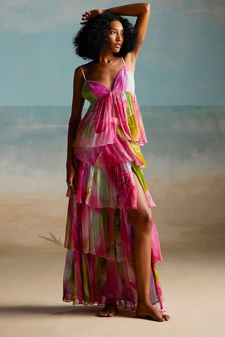 Shop The Iaso Multi Color Chiffon, Modal Ruffles Lolly Printed Skirt at Aza Fashions Shop_The Iaso_Multi Color Chiffon, Modal Ruffles Lolly Printed Skirt _at_Aza_Fashions