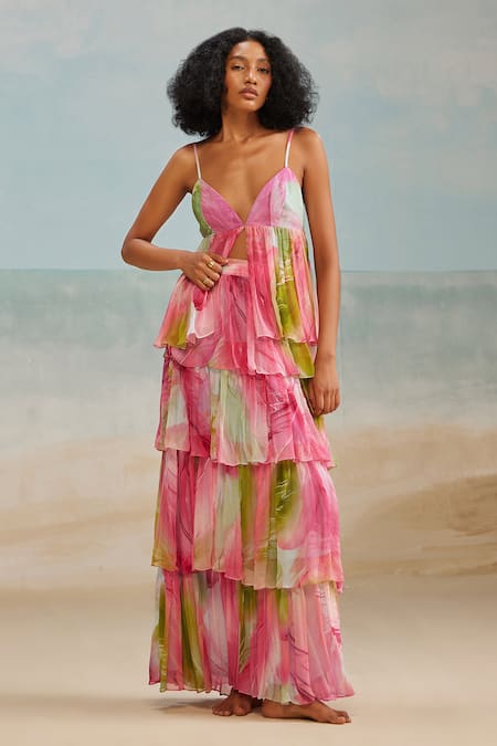 Shop The Iaso Multi Color Crepe, Modal Feathers V-neck Lolly Strap Shoulder Printed Top at Aza Fashions Shop_The Iaso_Multi Color Crepe, Modal Feathers V-neck Lolly Strap Shoulder Printed Top _at_Aza_Fashions