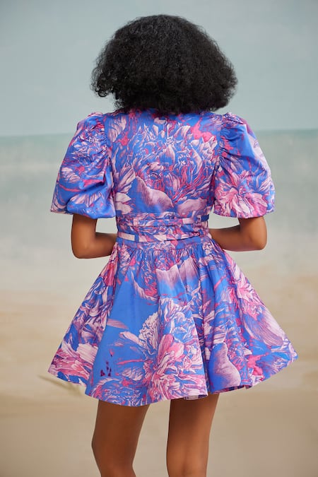 Shop The Iaso Purple Cotton Satin V-neck Kay Printed Short Dress at Aza Fashions Shop_The Iaso_Purple Cotton Satin V-neck Kay Printed Short Dress _at_Aza_Fashions