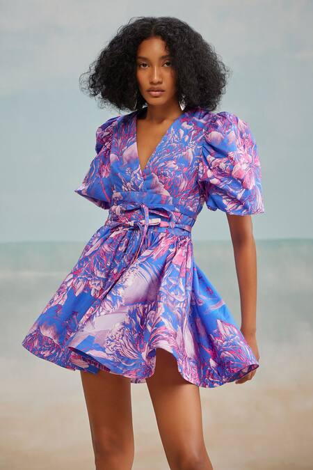 The Iaso Purple Cotton Satin V-neck Kay Printed Short Dress Online at Aza Fashions The Iaso_Purple Cotton Satin V-neck Kay Printed Short Dress _Online_at_Aza_Fashions