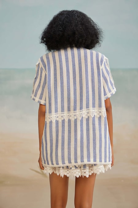 Shop The Iaso White Cotton Lace Collared Tate Stripe Print Shirt at Aza Fashions Shop_The Iaso_White Cotton Lace Collared Tate Stripe Print Shirt _at_Aza_Fashions