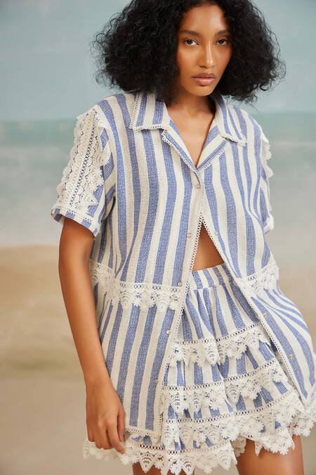 Buy The Iaso White Cotton Lace Collared Tate Stripe Print Shirt Online at Aza Fashions Buy_The Iaso_White Cotton Lace Collared Tate Stripe Print Shirt _Online_at_Aza_Fashions