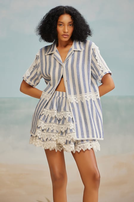Shop The Iaso White Cotton, Modal Lace Tate Stripe Print Short Skirt at Aza Fashions Shop_The Iaso_White Cotton, Modal Lace Tate Stripe Print Short Skirt _at_Aza_Fashions