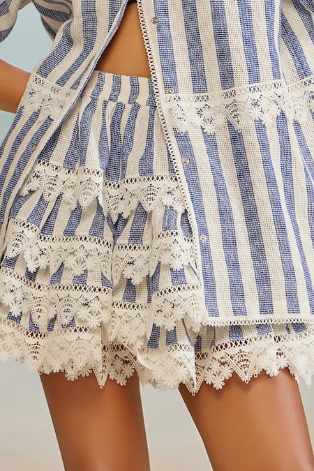 The Iaso White Cotton, Modal Lace Tate Stripe Print Short Skirt Online at Aza Fashions The Iaso_White Cotton, Modal Lace Tate Stripe Print Short Skirt _Online_at_Aza_Fashions