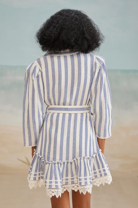 Shop_The Iaso_White Cotton, Modal Lace Collared Tate Stripe Print Dress With Belt _at_Aza_Fashions
