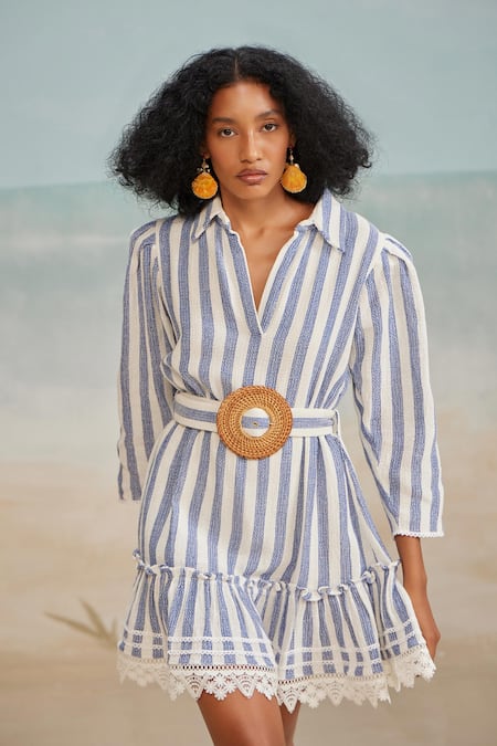 The Iaso_White Cotton, Modal Lace Collared Tate Stripe Print Dress With Belt _Online_at_Aza_Fashions