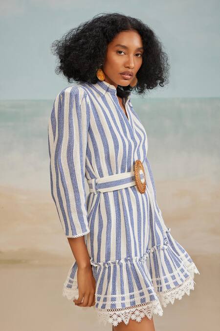 Buy_The Iaso_White Cotton, Modal Lace Collared Tate Stripe Print Dress With Belt _Online_at_Aza_Fashions