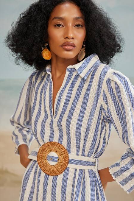 Shop_The Iaso_White Cotton, Modal Lace Collared Tate Stripe Print Dress With Belt _Online_at_Aza_Fashions