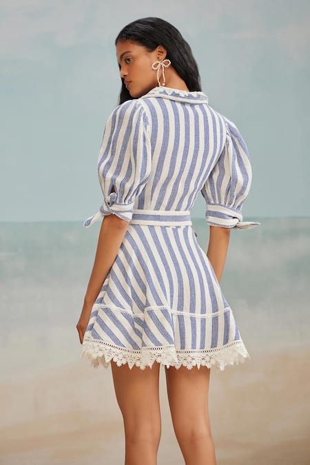 Shop The Iaso White Cotton, Modal Lace Collared Tate Stripe Print Short Dress at Aza Fashions Shop_The Iaso_White Cotton, Modal Lace Collared Tate Stripe Print Short Dress _at_Aza_Fashions