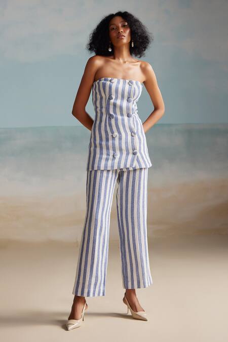 The Iaso White Cotton Collared Tate Stripe Print Vest Top Online at Aza Fashions The Iaso_White Cotton Collared Tate Stripe Print Vest Top _Online_at_Aza_Fashions