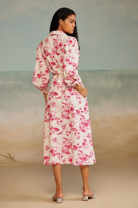 Shop The Iaso White Cotton Collared Fay Floral Print Shirt Dress at Aza Fashions Shop_The Iaso_White Cotton Collared Fay Floral Print Shirt Dress _at_Aza_Fashions