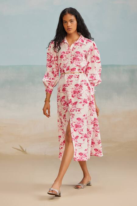 The Iaso White Cotton Collared Fay Floral Print Shirt Dress Online at Aza Fashions The Iaso_White Cotton Collared Fay Floral Print Shirt Dress _Online_at_Aza_Fashions