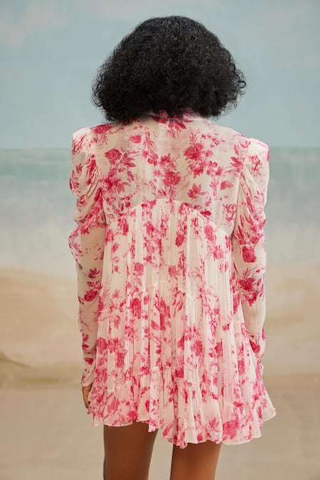 Shop The Iaso White Crepe, Modal Collared Fay Floral Print Short Dress at Aza Fashions Shop_The Iaso_White Crepe, Modal Collared Fay Floral Print Short Dress _at_Aza_Fashions